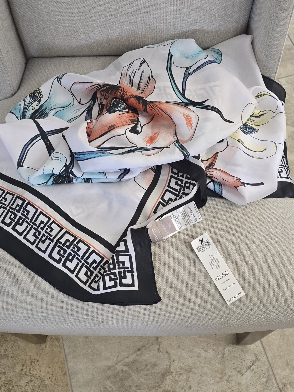 Chico's White Floral Silk Scarf with Black Border